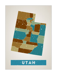 Utah map. US state poster with regions. Old grunge texture. Shape of Utah with US state name. Stylish vector illustration.