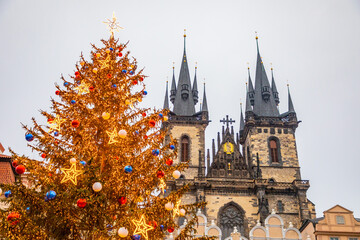 Fototapeta na wymiar Old Town Square at Christmas time in Prague, Czech Republic. Happy New Year 2021