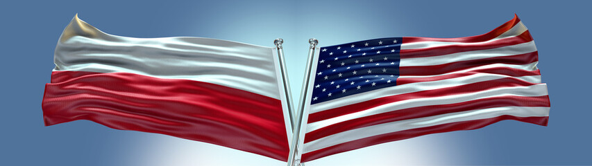 Double Flag United States of America vs Poland flag waving flag with texture background