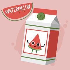 Watermelon juice box carton with cute watermelon character.Vector illustration.