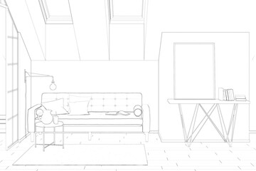 Sketch of the attic with a vertical poster and books on a sideboard, a sofa with pillows, a coffee table with drinks, a partition, a carpet on a tiled floor, two skylights. Front view. 3d render