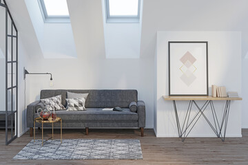 Modern attic with a vertical poster and books on a sideboard, a gray sofa with pillows, a coffee table with drinks, a glass partition, a carpet on a wooden floor, two skylights. Front view. 3d render