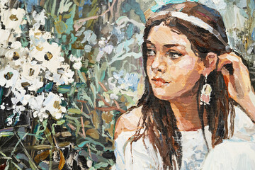 A young girl is sitting in an ethnic white dress. The background depicts an autumn field with flowers and herbs. Oil painting on canvas.