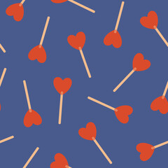 Seamless vector pattern with heart lollipop in flat vintage style. Valentines background, romantic holiday. Love and romance symbol. Pattern for poster, print, card, fabric and wedding