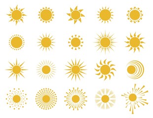 Sun icons.  Set of yellow symbols. Spring, summer or tropical background design element. Isolated. Vector