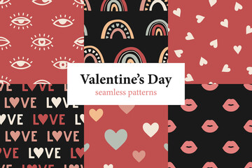 Collection with hand drawn Valentine’s Day patterns. Vintage background for Valentine’s Day and holidays. Festive vector pattern with love and romance symbols for fabric and wrapping paper