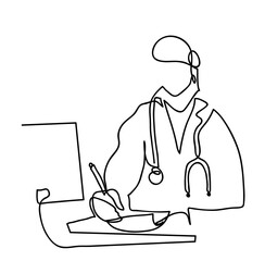 One continuous line drawing of woman-doctor at work
One line drawing of  physician filling up medical form
