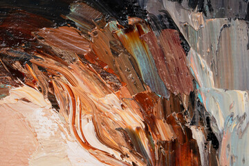 Macro. Abstract art. Expressive embossed pasty oil paints and reliefs. Colors:  grey, brown, black, orange.