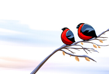 two best red bullfinch birds on a tree with watercolor background