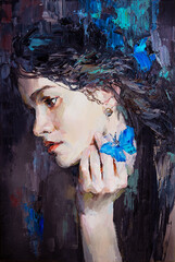 Little girl with blue butterfly on her hand. Palette knife technique of oil painting and brush.