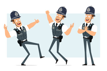 Cartoon flat funny strong policeman character in bulletproof vest with radio set. Boy posing, resting and showing thumbs up sign. Ready for animation. Isolated on blue background. Vector set.