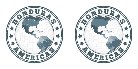 Honduras round logos. Circular badges of country with map of Honduras in world context. Plain and textured country stamps. Vector illustration.
