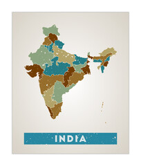 India map. Country poster with regions. Old grunge texture. Shape of India with country name. Creative vector illustration.