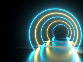 Fototapeta premium 3d render neon arch or tunnel with floor reflection. Glowing round lights in blue and yellow spectrum colors. Abstract background. 3d rendering illustration.