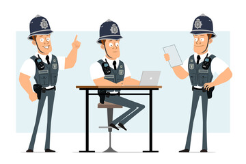 Cartoon flat funny strong policeman character in bulletproof vest with radio set. Boy reading note and working on laptop. Ready for animation. Isolated on blue background. Vector set.