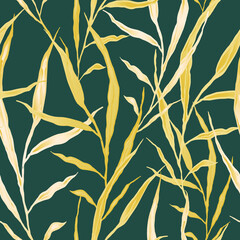 Obraz premium Seamless patterns. Tidal water color background. Natural oblong yellow leaves and twigs. Vector illustration.