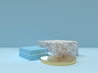 Blue and marble texture podium abstract minimal scene. Mockup for product presentation with copy space. 3d render illustration.