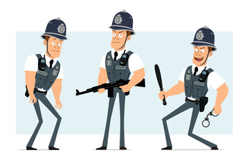 Cartoon flat funny strong policeman character in bulletproof vest with radio set. Boy standing with handcuffs and police baton. Ready for animation. Isolated on blue background. Vector set.