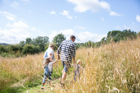 Family holding hands walking in sunny idyllic rural field