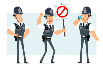 Cartoon flat funny strong policeman character in bulletproof vest with radio set. Boy talking on phone and holding no entry stop sign. Ready for animation. Isolated on blue background. Vector set.