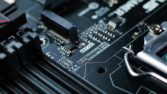 Macro close up of a modern computer gaming motherboard 
