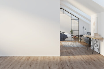 Interior of a large light attic with a blank mockup wall, wooden floor. There is a painting with books on a sideboard, a gray modern sofa, a bed with a blanket in the background. Front view. 3d render