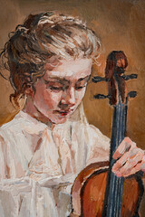 .A little brown-haired girl in a white dress is tired after playing the violin. Palette knife oil painting technique and brush.