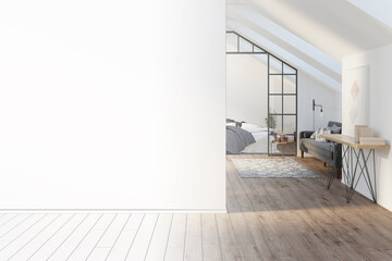 The sketch becomes a real attic with a blank mockup wall, wooden floor. There is a painting with books on a sideboard, a gray modern sofa, a bed with a blanket in the background. Front view. 3d render