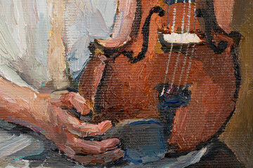 .Violin in the hands of a little girl. Palette knife oil painting technique and brush.