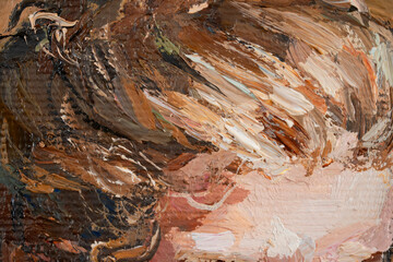 Embossed pasty oil paints and reliefs. Primary colors: brown, ocher, white. Abstract art.