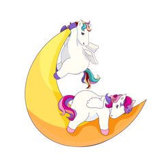 Sleeping and climbing Pegasus on white isolated background, vector Flying horses on the Moon, Cartoon isolated Pegasus and the Crescent Moon  concept of Magical horses and Fairytales, Greek culture.