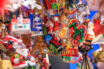 View of the Christmas decorations closeup on the Christmas Market (Weihnachtsmarkt) in the city of Vienna, Austria