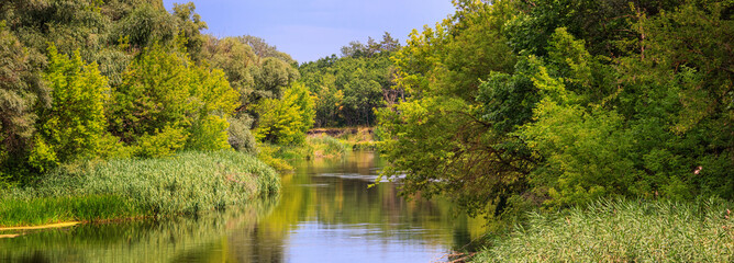 A view of the river with wooded banks, panorama, banner, summer natural landscape