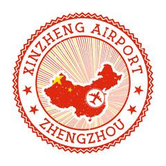 Xinzheng Airport Zhengzhou stamp. Airport logo vector illustration. Zhengzhou aeroport with country flag.