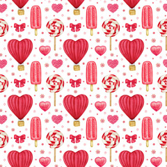 Watercolor Seamless Pattern with hand drawn pink Red Hot Air Balloon, Hearts, Ice cream, Candies. Holiday background for Valentines Day design; scrapbooking, wrapping paper, greeting card, invitation