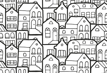 Pattern cute houses in doodle style for poster, postcard or illustration