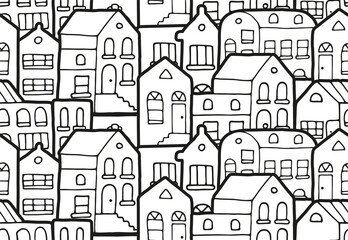 Fototapeta premium Pattern cute houses in doodle style for poster, postcard or illustration