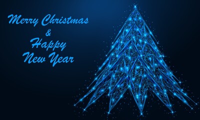 Christmas tree. Merry Christmas and happy New year. A low-poly construction consisting of concatenated lines and dots. Blue background.