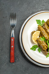 top half view azerbaijani cuisine dolma with lemon slices and parsley leaves on white oval plate and fork on dark background