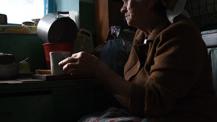 Old wrinkled woman sitting by kitchen window and suffering loneliness at senior age. Portrait of...