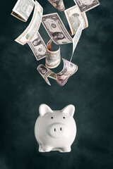 Dollars falling into pink piggy bank on background