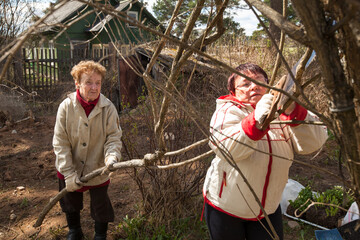 Old woman and her daughter takes away branches near the house.