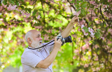 Senior man photographer blooming trees background. Cameraman retirement. Professional photographer. Capturing moments that captivate your heart. Photographer filming. Perfect frame. Pension hobby