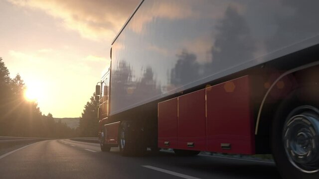 Aerial view of a semi-trailer truck driving along a countryside road in to the sunset. Realistic high quality 3d animation.