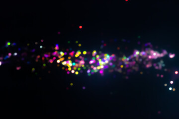Night colorful city violet garland light black overlay background. Glow defocused, holographic...