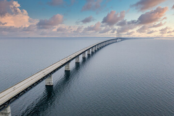 The bridge between Denmark and Sweden, Oresundsbron. Aerial view of the bridge during cloudy stormy weather.