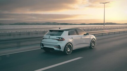 Aerial view of a self driving autonomous electric car driving along a bridge in to the sunset. E-mobility concept. Realistic high quality 3d animation.