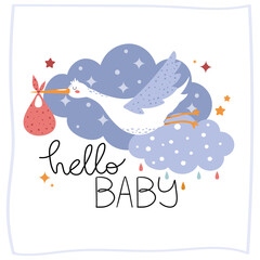 Lovely stork bringing a baby. Bird carrying a newborn. Clouds and stars. Hand drawn childish illustration for nursery poster, baby shower, greeting card, invitation, t-shirt, children room decor.