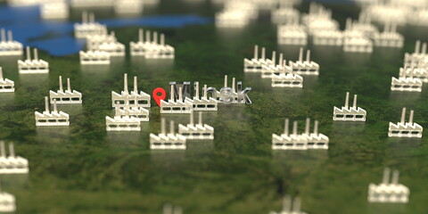 Factory icons near Minsk city on the map, industrial production related 3D rendering