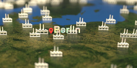 Factory icons near Berlin city on the map, industrial production related 3D rendering